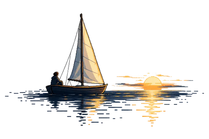 A lone explorer on a pixel-art sailboat, facing a golden sunrise.